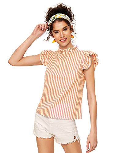 Romwe Women's Cotton Stripe Ruffle Sleeve Elegant Blouse Summer Top
