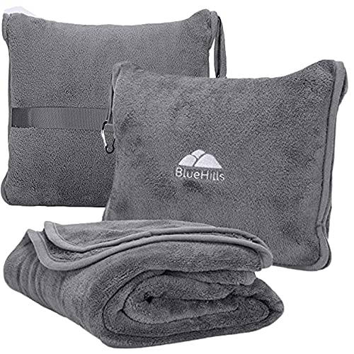 BlueHills Premium Soft Travel Blanket Pillow Airplane Flight Blanket throw in Soft Bag Pillow case with Hand Luggage Belt and Backpack Clip Compact Pack Large Blanket for Travel Grey Color (Gray T007)