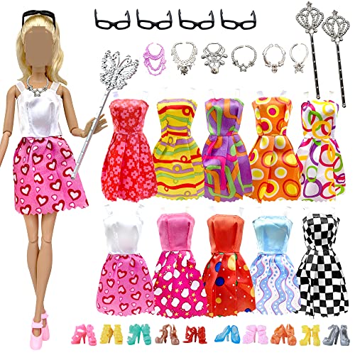 AMETUS 32 PCS Doll Clothes and Accessories, Christmas Special, 10x Mix Cute Dresses, 4X Glasses, 6X Necklaces, 2X Fairy Sticks, 10x Shoes for 11.5 inch Doll, Gift for Girls