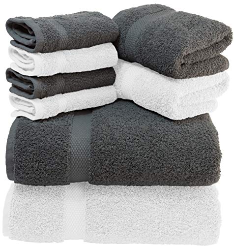 White Classic Luxury Bath Towel Set - Combed Cotton Hotel Quality Absorbent 8 Piece Towels | 2 Bath Towels | 2 Hand Towels | 4 Washcloths [Worth $72.95] 8 Pack | (4Grey/4White, 8Pc)