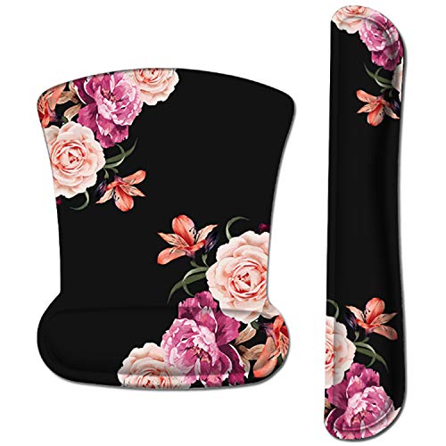 iLeadon Keyboard Wrist Rest Pad and Mouse Wrist Rest Support Mouse Pad Set, Non Slip Rubber Base Wrist Support with Ergonomic Raised Memory Foam for Easy Typing & Pain Relief, Adorable Peony Flower