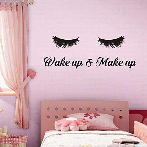 Wake Up &Make Up Wall Decal Fashion Eyelash Wall Sticker Women Beauty Quote Sticker for Bedroom Decoration