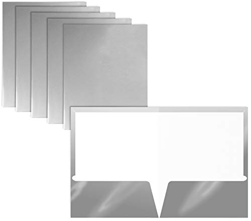 2 Pocket Glossy Laminated Metallic Silver Paper Folders, Letter Size, 25 Pack, Metallic Silver Paper Portfolios by Better Office Products, Box of 25 Metallic Silver Folders