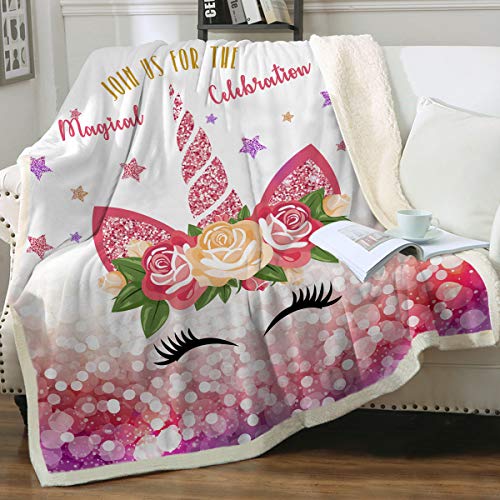 Sleepwish Unicorn Face Blanket Girls Pink Cartoon Soft Unicorn Floral Fleece Blanket Gold Glitter Unicorn Eyelashes Sherpa Blanket for Kids Adults Cozy Plush Blankets (Throw 50"x60")