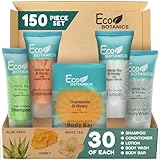 Travel Size Hotel Toiletry Set 150 Count 0.85 oz Bottles Guest Amenities for Vacation Rentals and Short Term Rentals Paraben Free White Tea Scent Infused with Aloe and Olive Oil by Eco Botanics