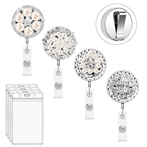 Retractable Badge Holder Reel Clip, 4 Pack Bolly Heavy Duty Metal Bling Badge Holders for Nurse with 4pcs Plastic ID Holders 25 Inch Steel Wire Cord