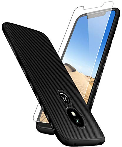 Moto G7 Play Case with [9H Tempered Glass Screen Protector], Sunnyw Flexible Soft Ultra-Thin Light TPU Rubber Shock Absorption Non-Slip Rugged Durable Armor Snugly Fit Case for Moto G7 Play (Black)