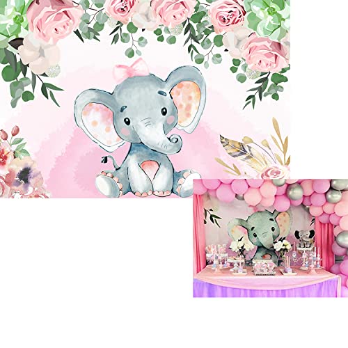Baby Shower 5x3ft Background Baby Girl Shower Party Gift Baby Elephant Dessert Table Backdrop Pink Roses Around Design W-1540