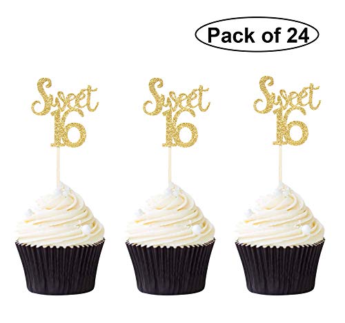 Pack of 24 Sweet 16 Cupcake Toppers Gold Glitter 16th Birthday Cupcake Picks Anniversary Party Decors