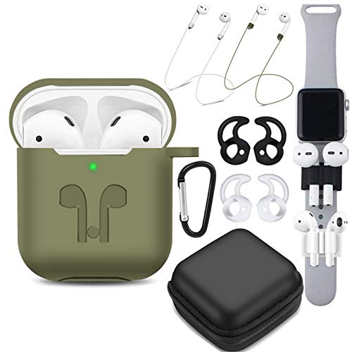 AirPods Case 9 In 1 Airpods Accessories Kits Protective Silicone Cover and Skin Compatible Apple Airpods Charging Case with Airpods Ear Hook/Tips/Airpods Strap/Clips/Watch Band Holder (Clear)