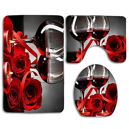 Book Cover huachuangxinlHUQ Red Rose Flowers Wine Glass and Candle for Valentines Couple Decorative Soft Comfort mat Anti-Skid Absorbent Toilet Seat Cover Bath Mat Lid Cover 3pcs/Set Rugs