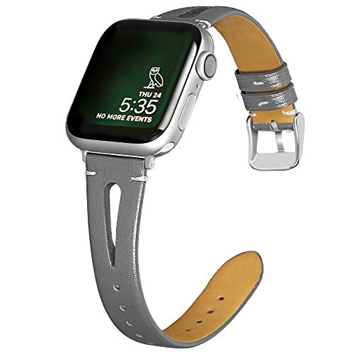 OULUCCI Leather Bands Compatible with Apple Watch 38mm 40mm, Slim Strap with Breathable Hole Replacement Wristband for Iwatch Series 4 3 2 1, Grey