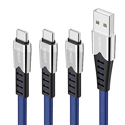 Flat USB C Cable SUNGUY 1.5ft(3-Pack), SUNGUY Tangle Free Short Type USB-C Cable Charging Data Sync Fabric Braided Cord for Samsung Galaxy S10 S8 S9 Plus A20, Google Pixel 2XL