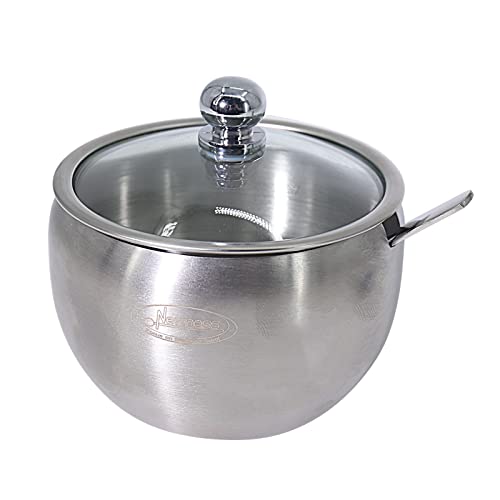 Newness Sugar Bowl, Stainless Steel Drum Shape Sugar Pot with Clear Lid and Spoon, 200 Milliliter(6.8 FL OZ) for Home & Kitchen