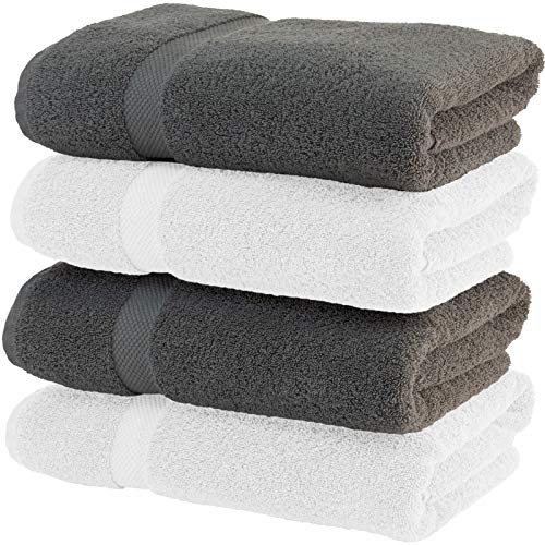 Book Cover White Classic Luxury Bath Towels Large - 700 GSM Cotton Hotel Towel | 4 Pack (2 White & 2 Grey)