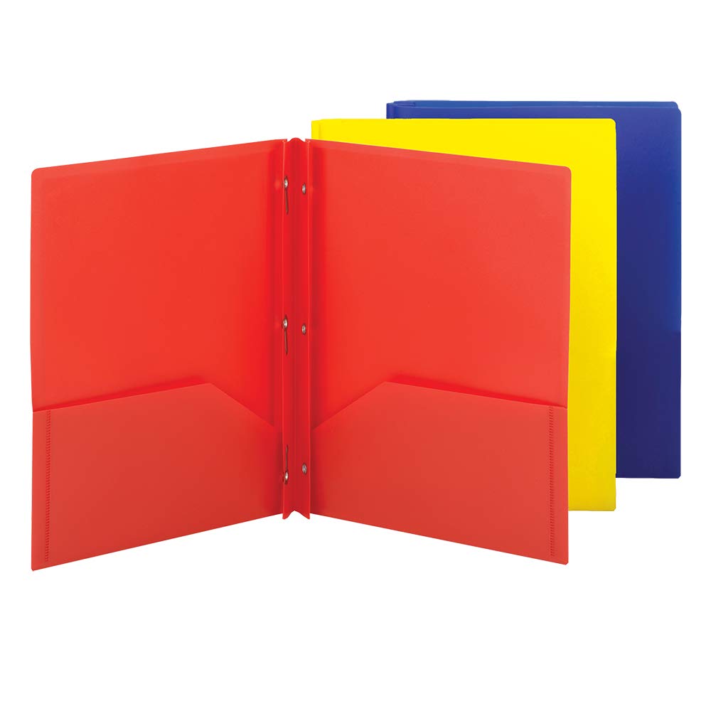 Book Cover Smead Poly Two-Pocket Folder, Three-Hole Punch Prong Fasteners, Letter Size, Assorted Colors, 3 per Pack (87738) Red, Blue, Yellow