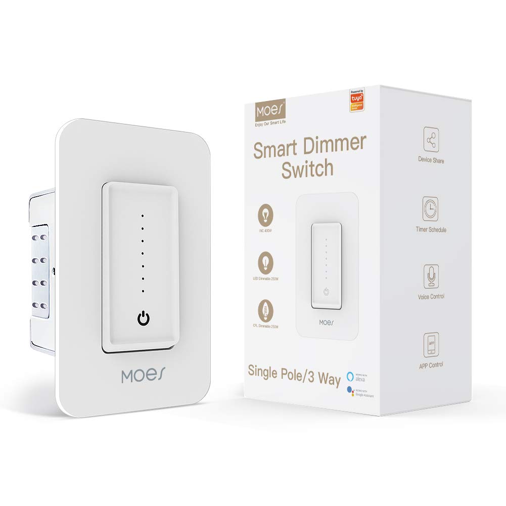 MOES WiFi Smart Light Dimmer Switch, Neutral Wire Required，No Hub Required Smart Life/Tuya APP Compatible with Alexa Google Home for Voice Control, Single-Pole 1 Way Switch(White)