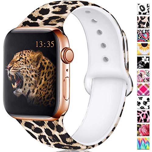 Book Cover Haveda Floral Bands Compatible with Apple Watch Band 42mm 44mm, Soft Pattern Printed Silicone Sport Replacement Wristbands for Women Men Kids with iWatch Series 4 Series 3/2/1, S/M, Leopard