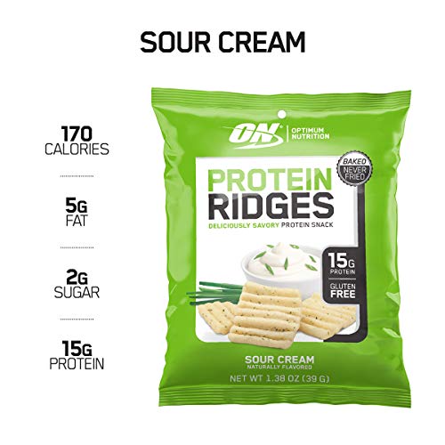 New! Optimum Nutrition High Protein Ridges, Baked Chips, Savory Snack To Go, Gluten Free, Soy Free, Flavor: Sour Cream, 10 Count