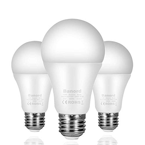 Banord Dusk to Dawn Light Bulbs, 3 Pack A19 Outdoor Sensor Bulbs with E26/E27 Base, 12W (100W Equivalent) Daylight Smart Automatic LED Bulbs with Auto on/Off for Porch, Patio, Yard, Garden
