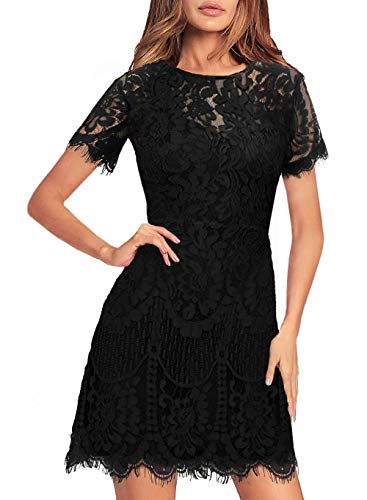 MSLG Women's Elegant Round Neck V-Back Wedding Guest Floral Lace Cocktail Party A Line Dress 910