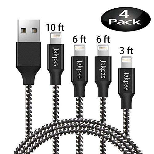 Jakpas Phone Cable, 4Pack 3FT 6FT 6FT 10FT Phone Charger to USB Syncing Charging Cable Data Nylon Braided Cord Compatible for Phone Xs/XS Max/XR/X/8/8 Plus/7/7Plus/6/6Plus/6s/6sPlus More (Black&White)