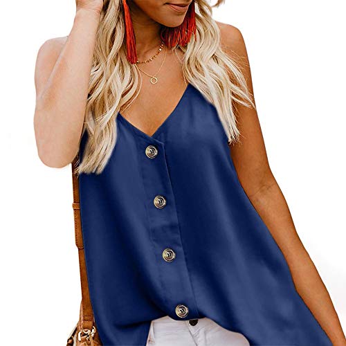 BAODANstore Womens Button Down V Neck Tank Tops Loose Casual Vest Spring Summer Sleeveless Shirts Blouses (M, Dark Blue)