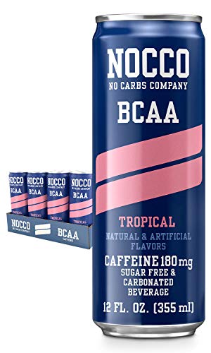 NOCCO BCAA Tropical 24 x 12 Fl Oz Carbonated, ZERO Sugar, Low Calorie, Ready to drink BCAA energy drink from fitness oriented No Carbs Company, Vitamin and Caffeine Flavored Carbonated Drinks