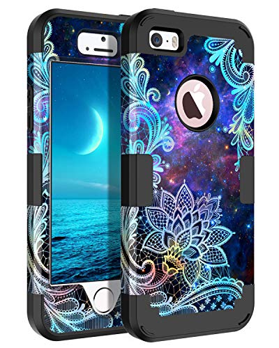 Casetego Compatible with iPhone 5 5S SE Case,Floral Three Layer Heavy Duty Hybrid Sturdy Shockproof Protective Cover Case for Apple iPhone 5 5S SE Case,Mandala