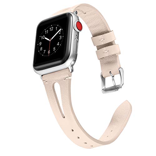 Secbolt Leather Bands Compatible with Apple Watch Band 38mm 40mm 41mm iwatch SE Series 8 7 6 5 4 3 2 1, Slim Strap with Breathable Hole Replacement Wristband Women, Nude