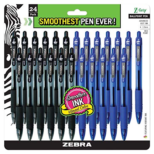 Book Cover ZEBRA PENS bulk pack of 24 ink pens, Z-Grip Retractable ballpoint pens Medium point 1.0 mm, 12 black pens & 12 Blue pens combo pack
