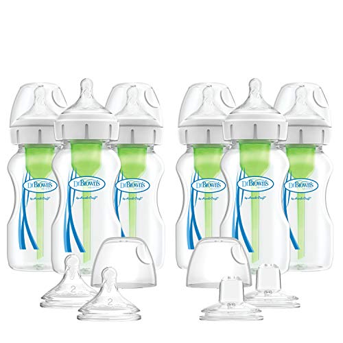 Dr. Brown's Options+ Wide-Neck Baby Bottles, 9 Ounce, 6 Count Plus 2 Bonus Level 2 Nipples and Sippy Spouts