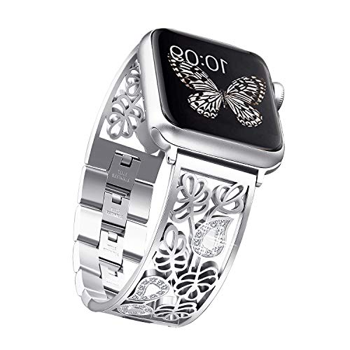 Book Cover Secbolt Carved Flower Bling Bands Compatible with Apple Watch Band 38mm 40mm iwatch Series 4/3/2/1, Stainless Steel Dressy Jewelry Diamond Bracelet Bangle Wristband Women, Silver