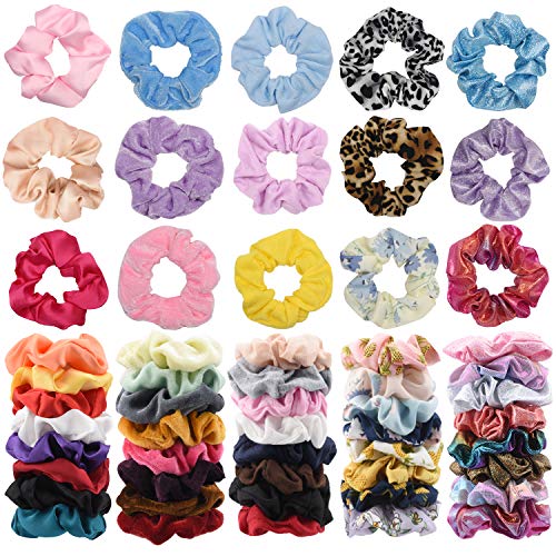 55 pcs Large Size Scrunchies - 11 Vintage Velvet & 11 Silk & 11Cotton &11 Flower Chiffon & 4 Rainbow & 7 Shiny Metallic Elastic Hair Bands, Scrunchy Ties Ropes for Woman, Great Gift for Christmas
