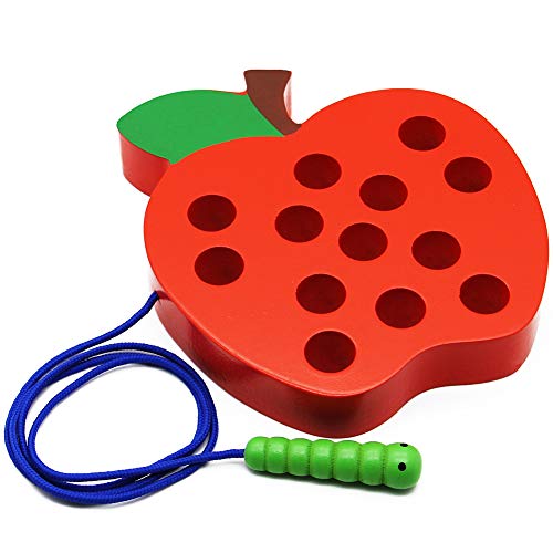Glory Island Wooden Lacing Apple Toy Threading Montessori Activity Learning Early Development Educational Wood Block Puzzles Travel Game Early Learning Educational Gift for Toddlers Baby Kids
