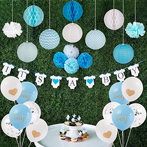 Baby Shower Decorations for Boy, 45 Piece Set with Bonus 18 Cupcake Toppers