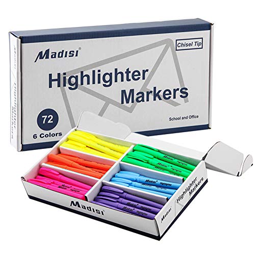 Book Cover Madisi Highlighters, Chisel Tip, 6 Vivid Fluorescent Colors, Bulk Pack, 72-Count