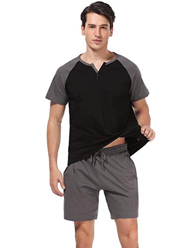 Aiboria Mens Pajamas Shorts Set Summer Sleepwear Cotton Short Sleeve Longue PJ Set,S-XXL