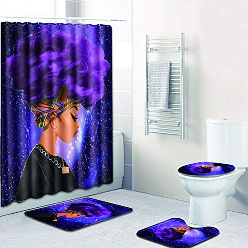 Book Cover EVERMARKET Creative Colorful Printing Toilet Pad Cover Bath Mat Shower Curtain Set for Bathroom Decor,4 Pcs Set - 1 Shower Curtain & 3 Toilet Mat and Lid Cover (African Woman Purple Hair Galaxy)