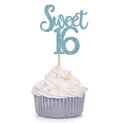24 Counts Blue Glitter Sweet 16 Cupcake Toppers Sixteenth / 16th Birthday Party Decorations