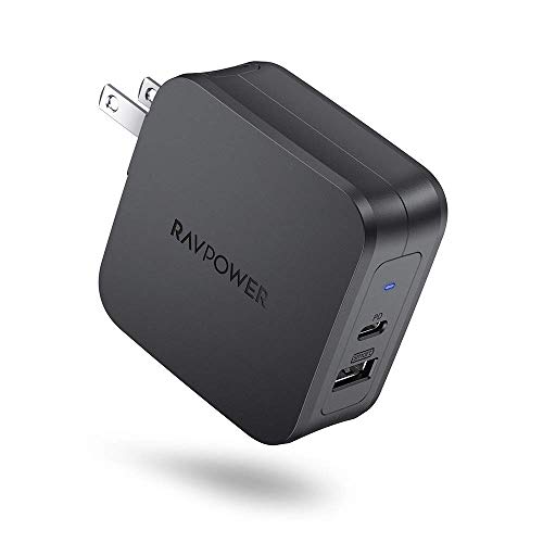 USB Wall Charger, RAVPower 61W Type C PD 3.0 Power Adapter, Dual Port USB C Wall Charger, Compatible with MacBook Pro Air, Dell XPS, iPad Pro 2018, iPhone and More - Black
