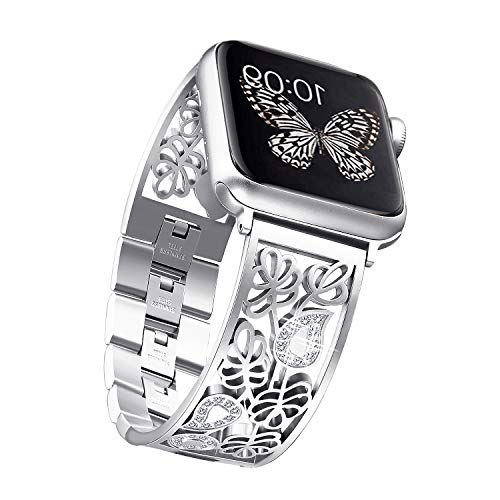 Secbolt Carved Flower Bling Bands Compatible with Apple Watch Band 42mm 44mm iwatch SE Series 6/5/4/3/2/1, Stainless Steel Dressy Jewelry Diamond Bracelet Bangle Wristband Women, Silver