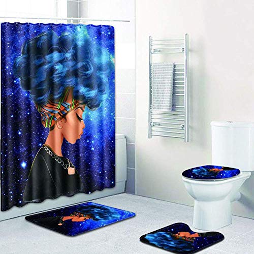 Evermarket Creative Colorful Printing Toilet Pad Cover Bath Mat Shower Curtain Set for Bathroom Decor,4 Pcs Set - 1 Shower Curtain & 3 Toilet Mat and Lid Cover (Kings African American Lovers Couple)