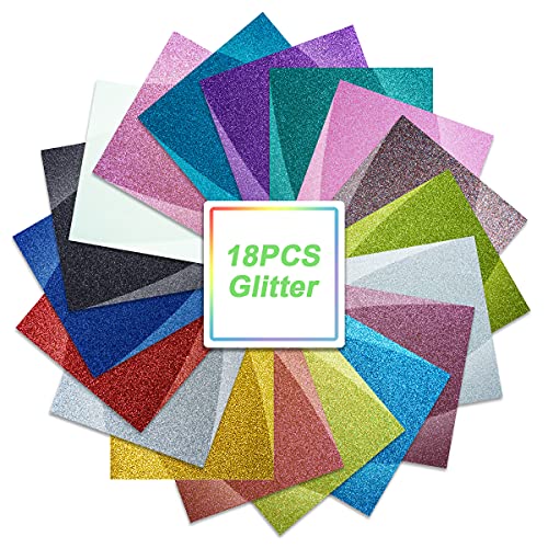Magical 12"x10" HTV Glitter Heat Transfer Vinyl, Sheets-18 Color Bundle Pack of Multicolour, Iron On T-Shirt Transfer Sheets - Best HTV for Silhouette Cameo Heat Press