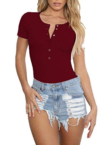 Yizenge Women's Short Sleeve Bodysuit Round Neck Button Down Bodysuits Leotards