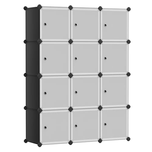 SONGMICS Cube Storage Organizer, Set of 12 Plastic Cubes, Closet Storage Shelves, DIY Plastic Closet Cabinet, Modular Bookcase, Shelving with Doors for Bedroom, Living Room, Black and White ULPC34HV1