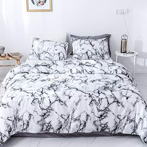 Janzaa 3 PCS Duvet Cover Set King Marble Pattern Printed White Soft Microfiber Bedding Set with Zipper Closure(White Marble,King)