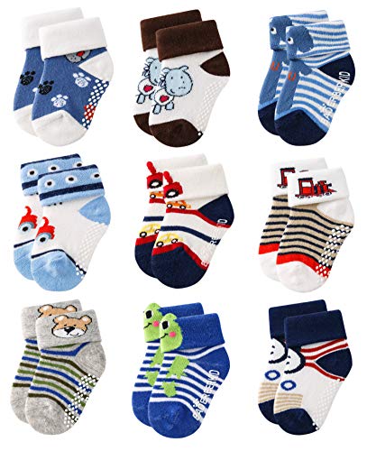 Growth Pal 9 Pack Non Skid Anti Slip Baby Socks with Grips Cotton Socks for Walking Toddlers 0-36 Months Boys-01