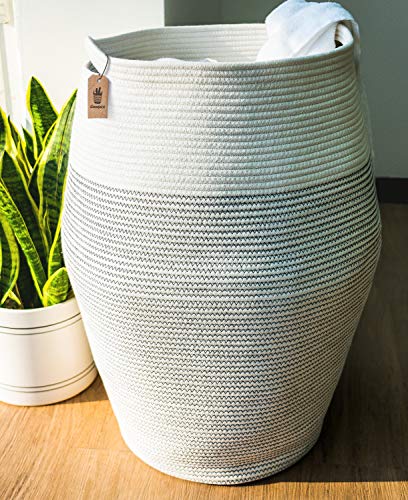 Goodpick Laundry Hamper | Woven Cotton Rope Dirty Clothes Hamper Tall kids Curve Laundry Basket Large, (White, 25.6 x 17.71 Inch)
