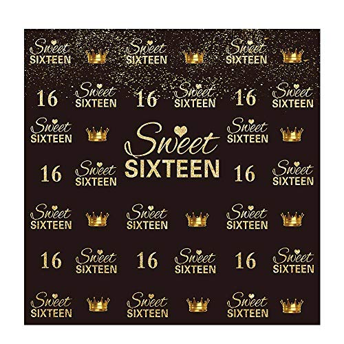 Allenjoy 6x6ft Girls' Glitter Gold Crown Sweet 16 Backdrop Golden Dot Sweet 16 16th Step and Repeat Photography Backdrop Happy Birthday Background Party Banner Supplies Decoration Photo Studio Props